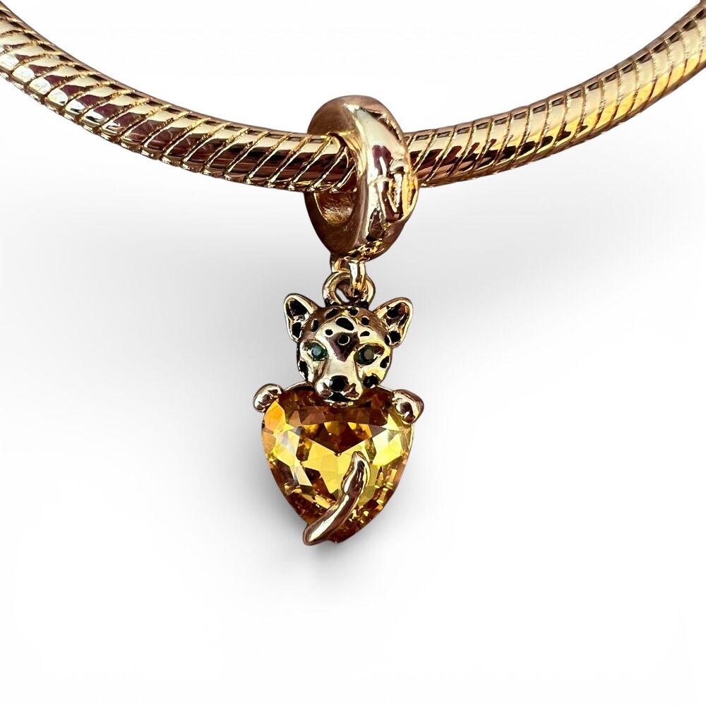 Leopard Heart S925 Sterling Silver Pandora Moments Compatible Dangle Charm